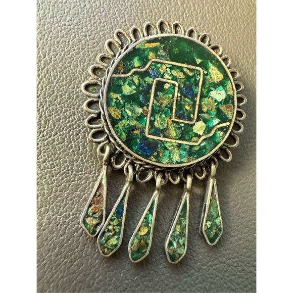 Vintage Mexico Sterling Silver & Turquoise Pendant Brooch Geometric EXCELLENT - Picture 4 of 8